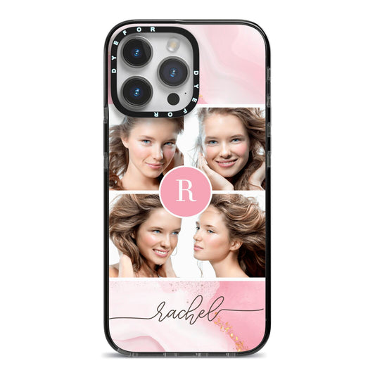 Pink Marble Personalised Photo iPhone 14 Pro Max Black Impact Case on Silver phone