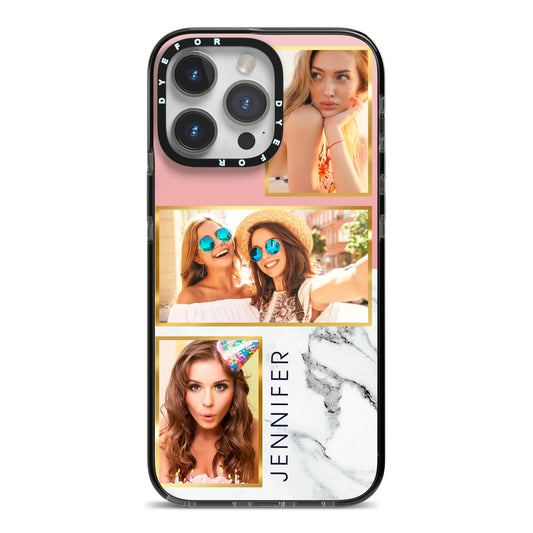 Pink Marble Photo Upload Name iPhone 14 Pro Max Black Impact Case on Silver phone