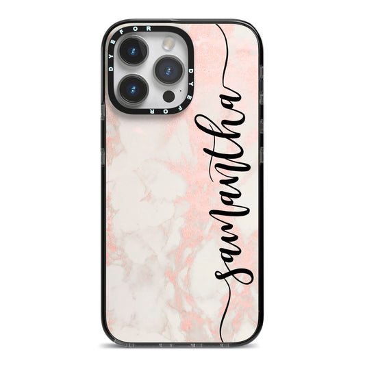 Pink Marble Vertical Black Personalised Name iPhone 14 Pro Max Black Impact Case on Silver phone