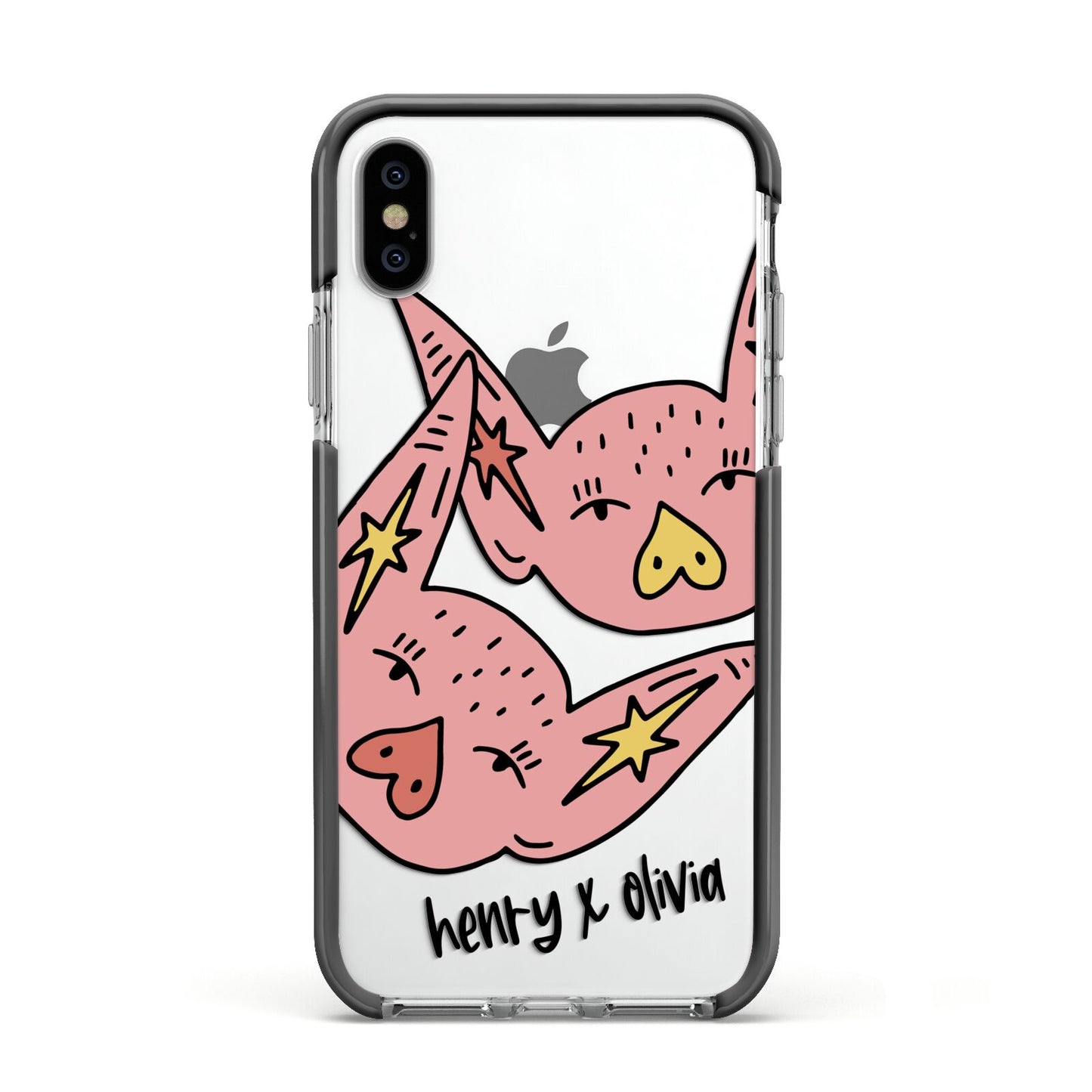Pink Pigs Couple Apple iPhone Xs Impact Case Black Edge on Silver Phone