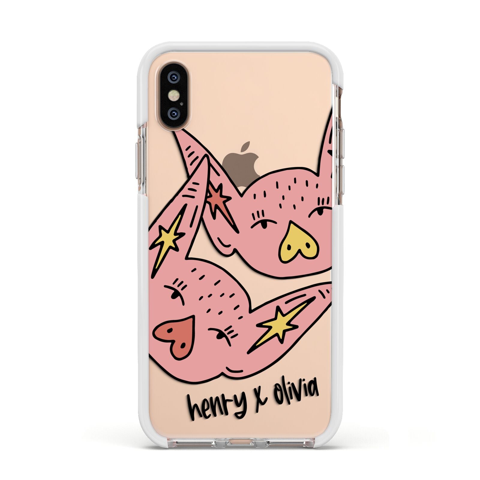 Pink Pigs Couple Apple iPhone Xs Impact Case White Edge on Gold Phone