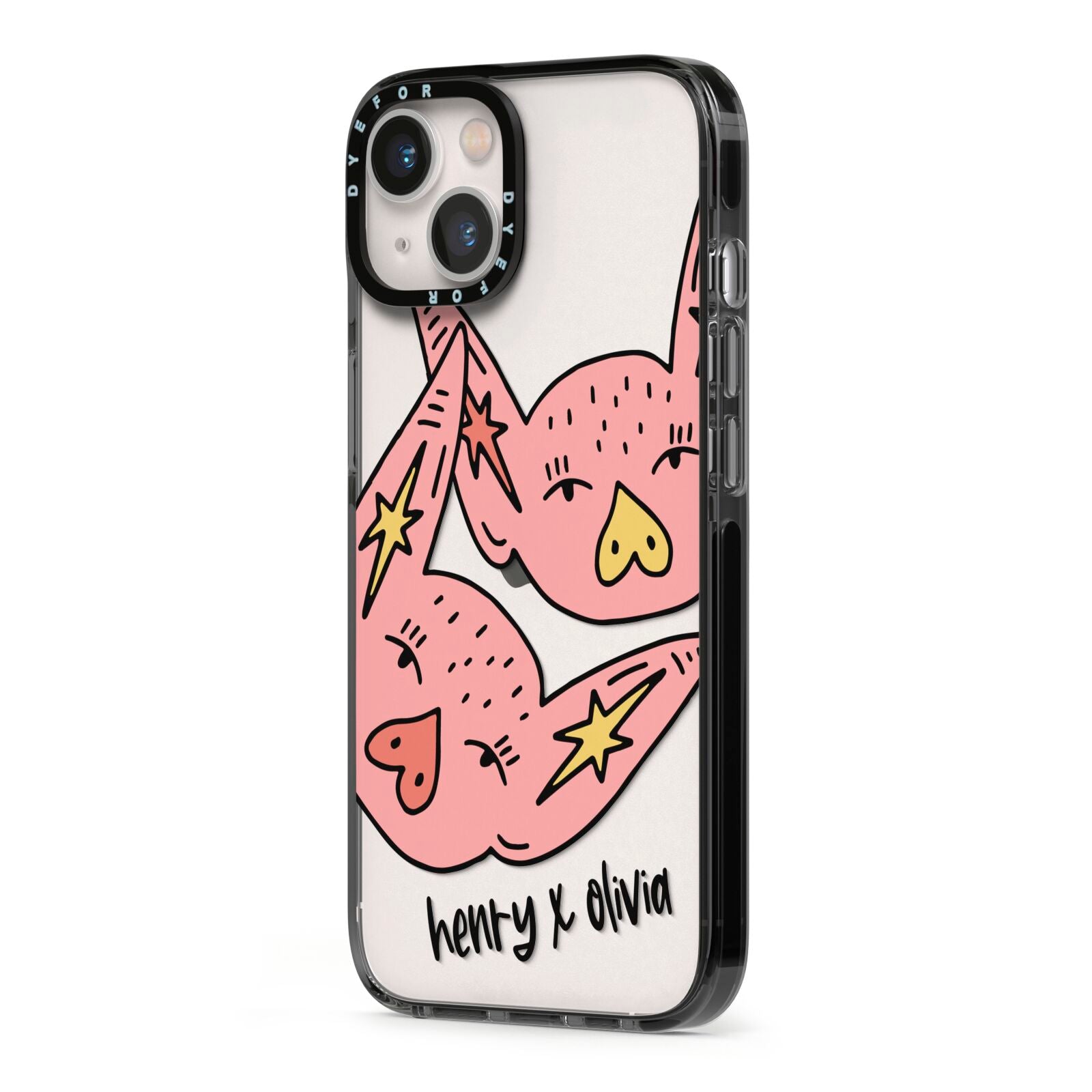 Pink Pigs Couple iPhone 13 Black Impact Case Side Angle on Silver phone