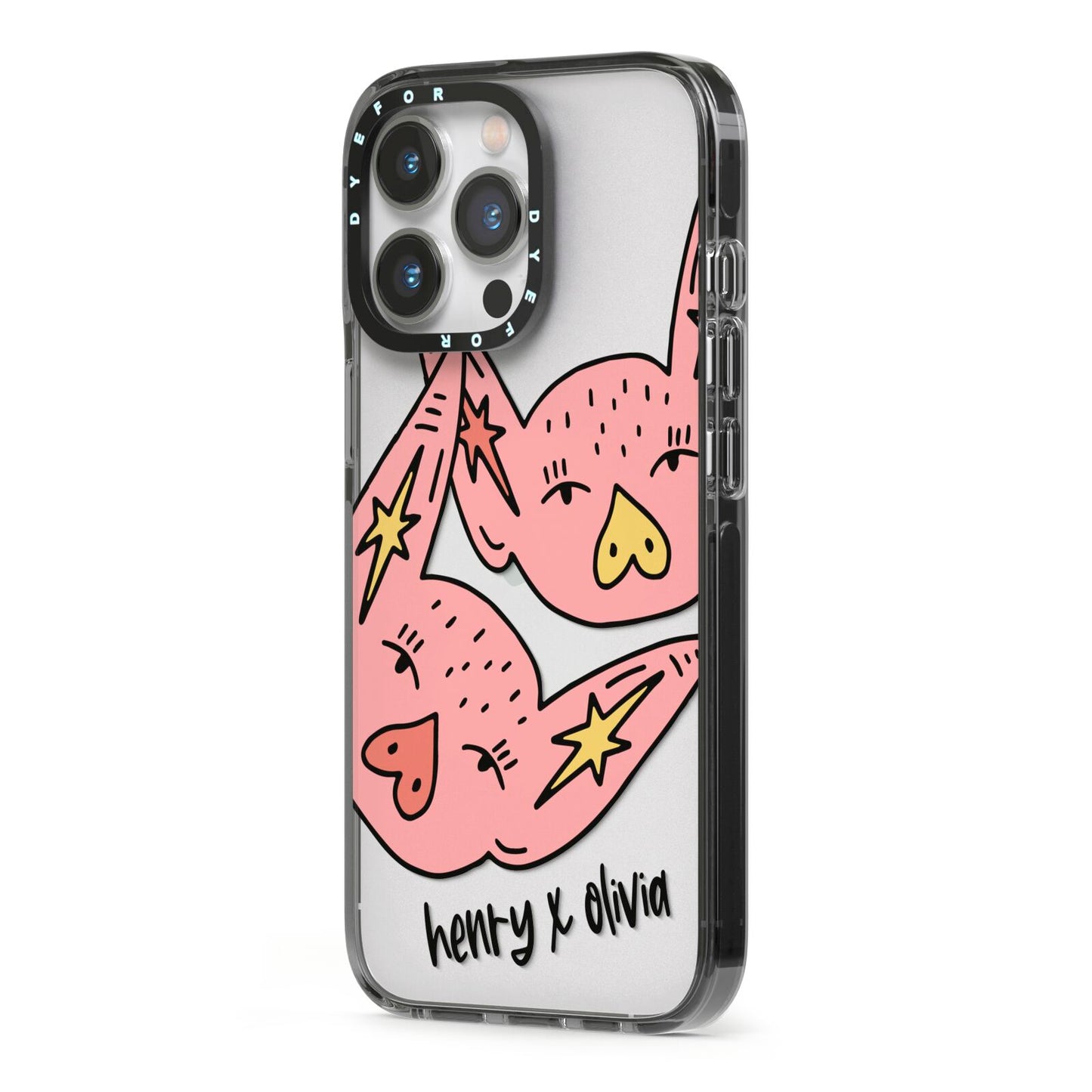 Pink Pigs Couple iPhone 13 Pro Black Impact Case Side Angle on Silver phone