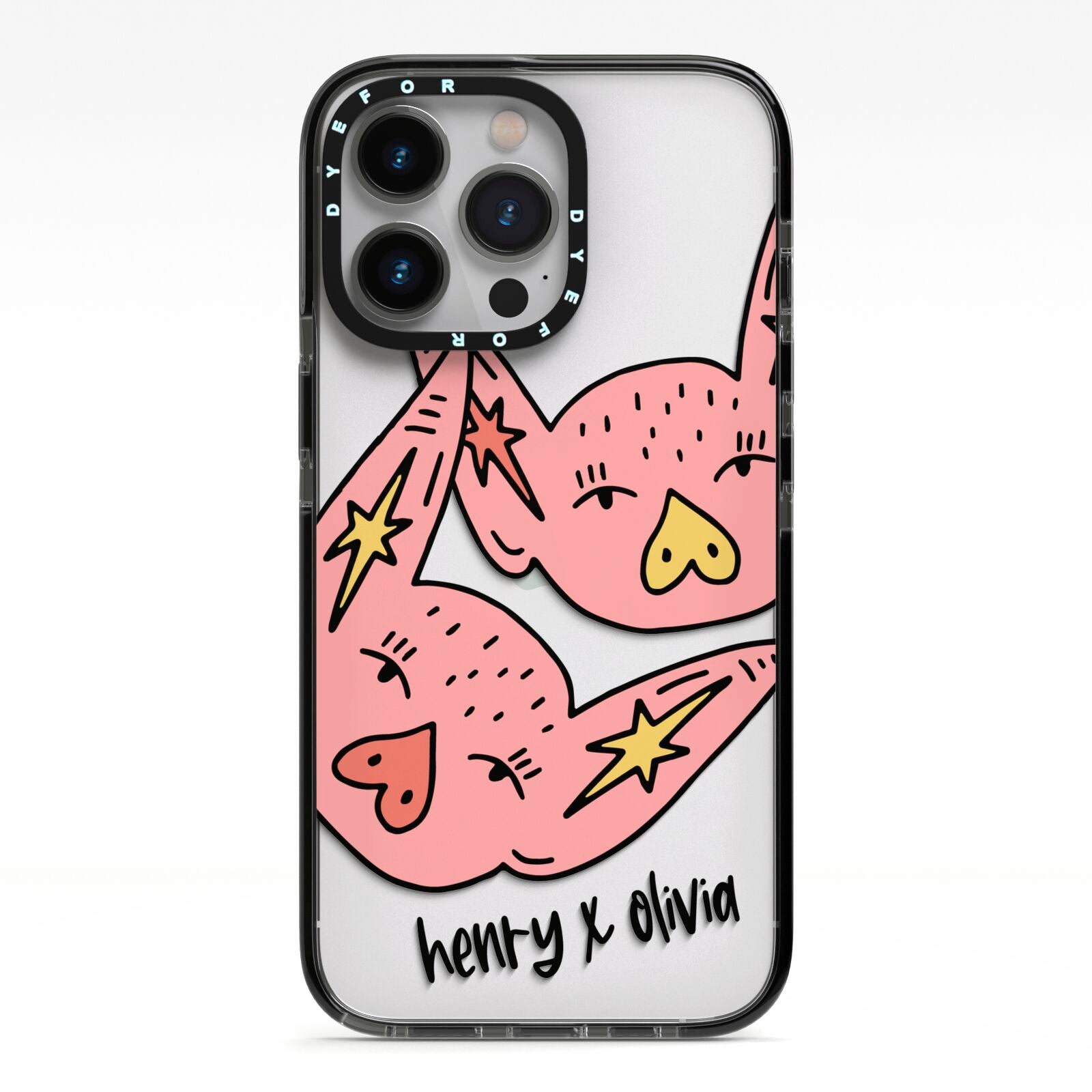 Pink Pigs Couple iPhone 13 Pro Black Impact Case on Silver phone