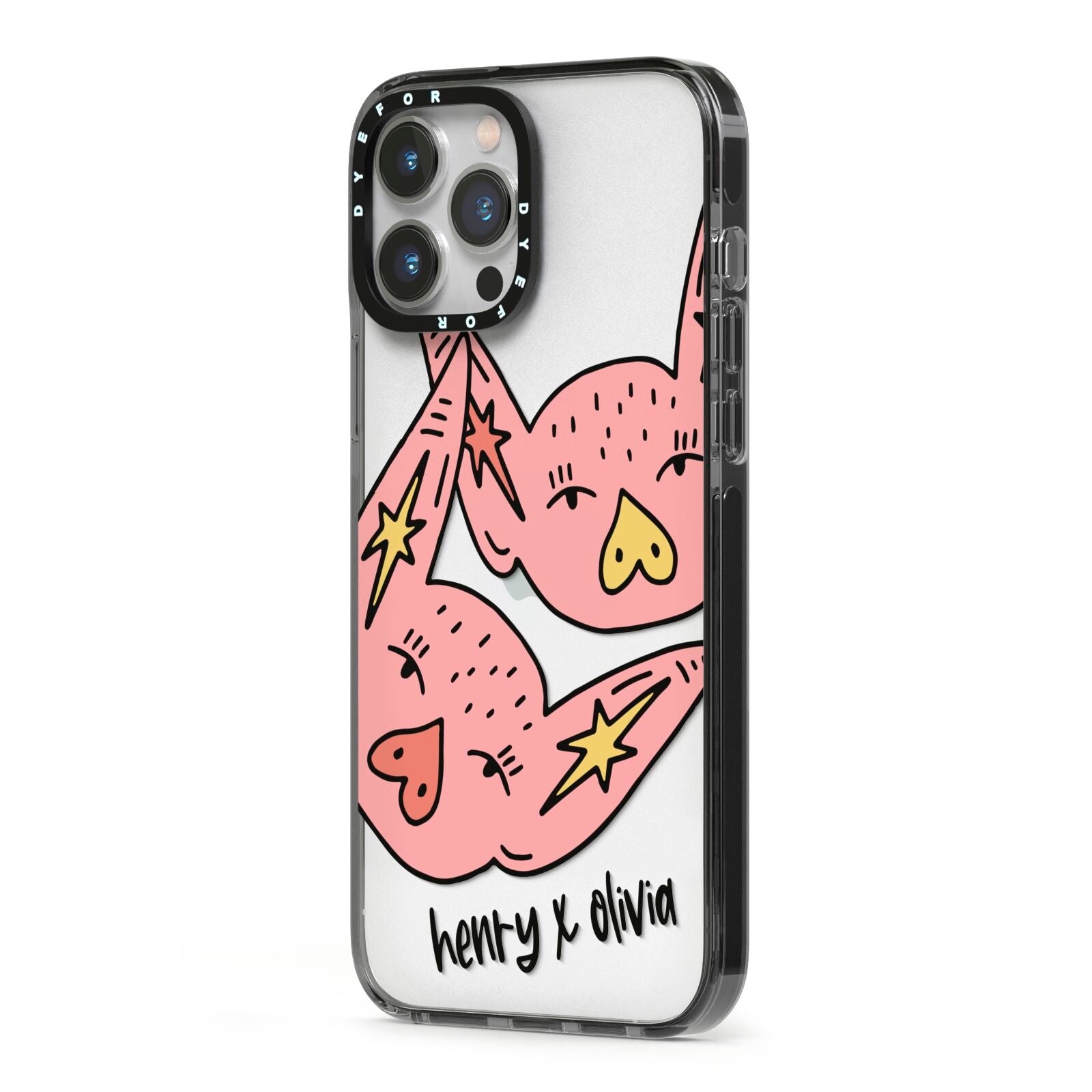 Pink Pigs Couple iPhone 13 Pro Max Black Impact Case Side Angle on Silver phone
