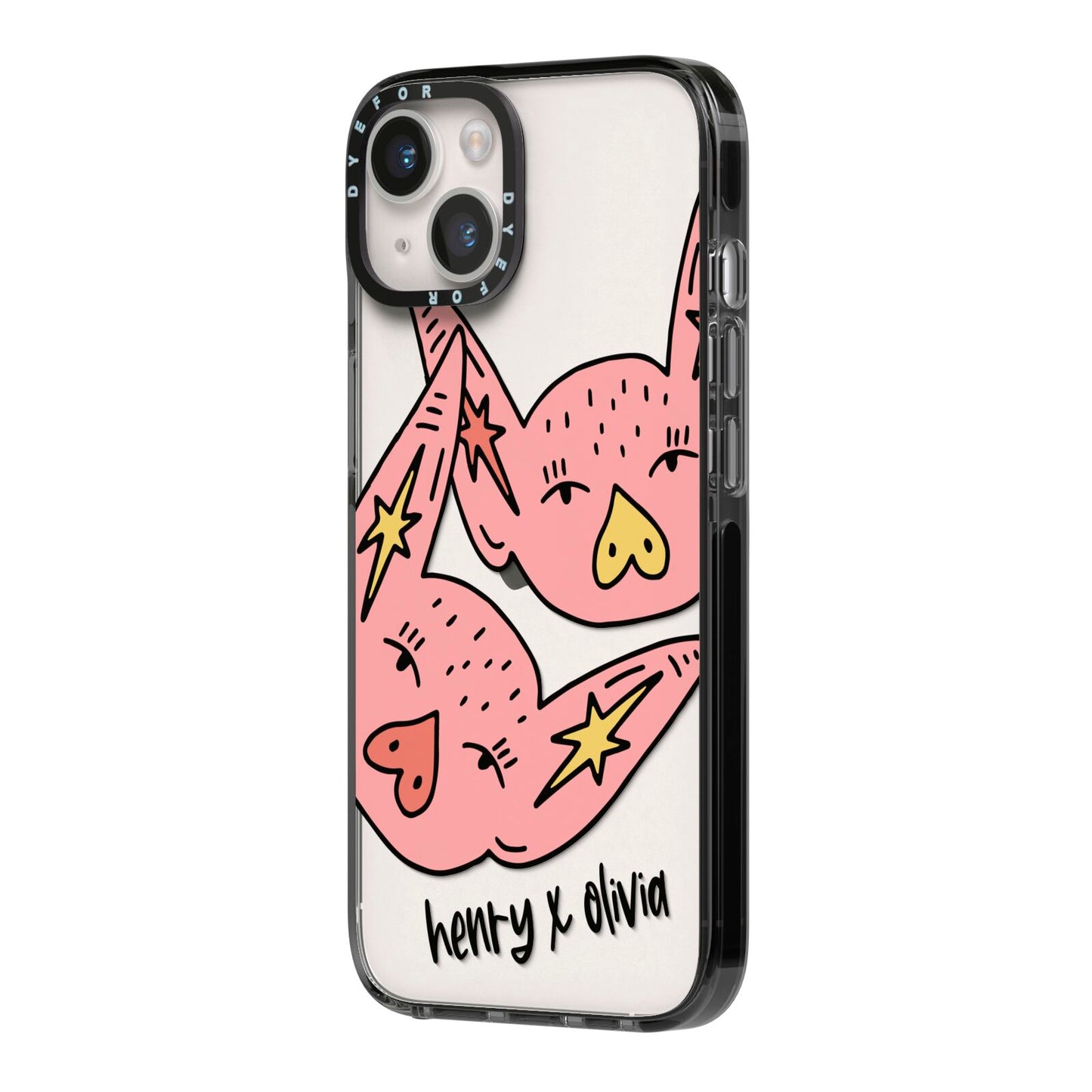 Pink Pigs Couple iPhone 14 Black Impact Case Side Angle on Silver phone