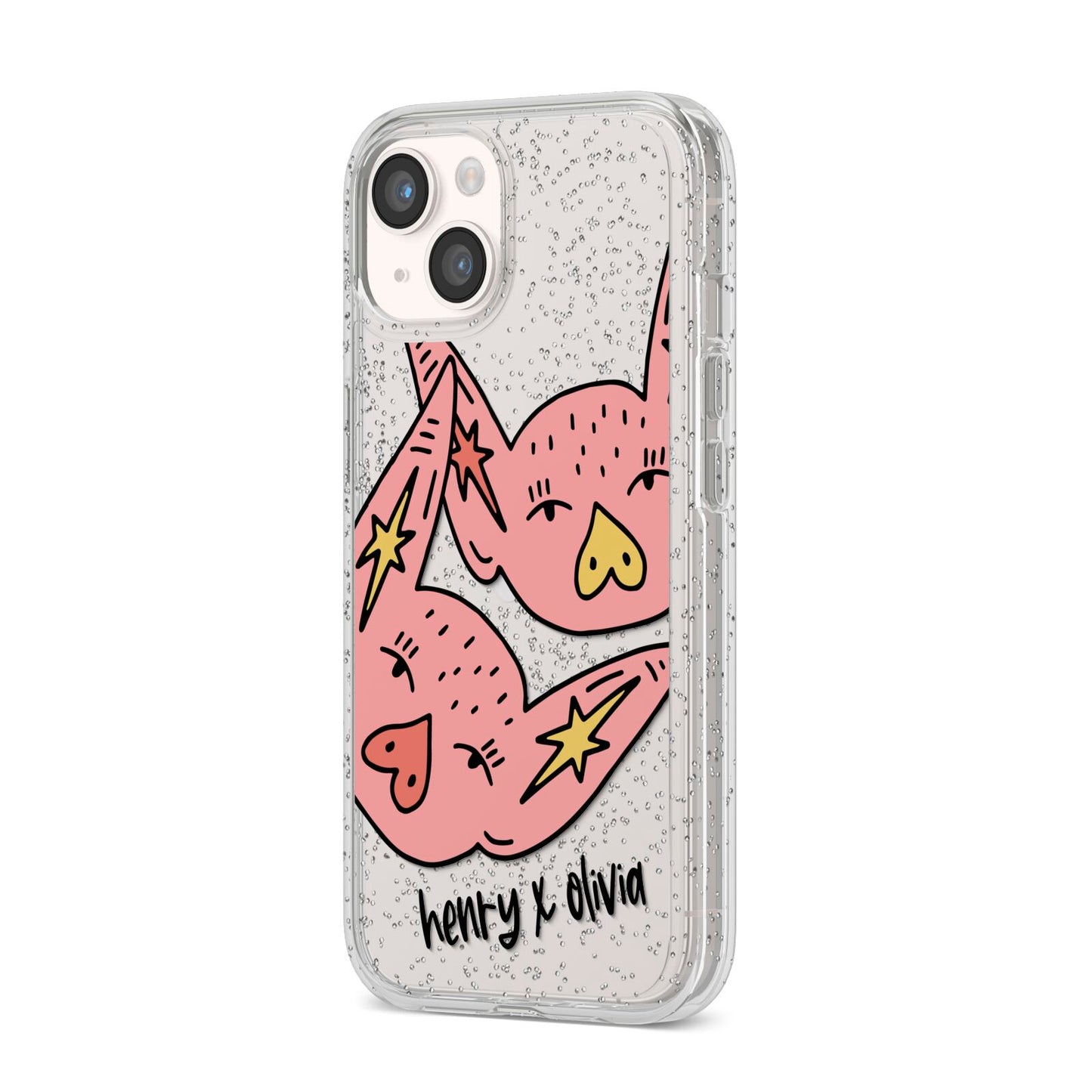 Pink Pigs Couple iPhone 14 Glitter Tough Case Starlight Angled Image