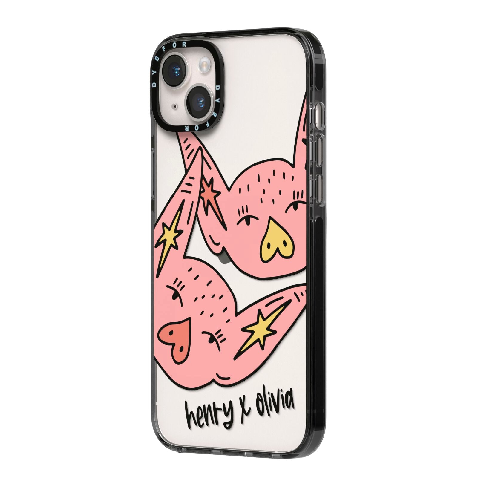 Pink Pigs Couple iPhone 14 Plus Black Impact Case Side Angle on Silver phone