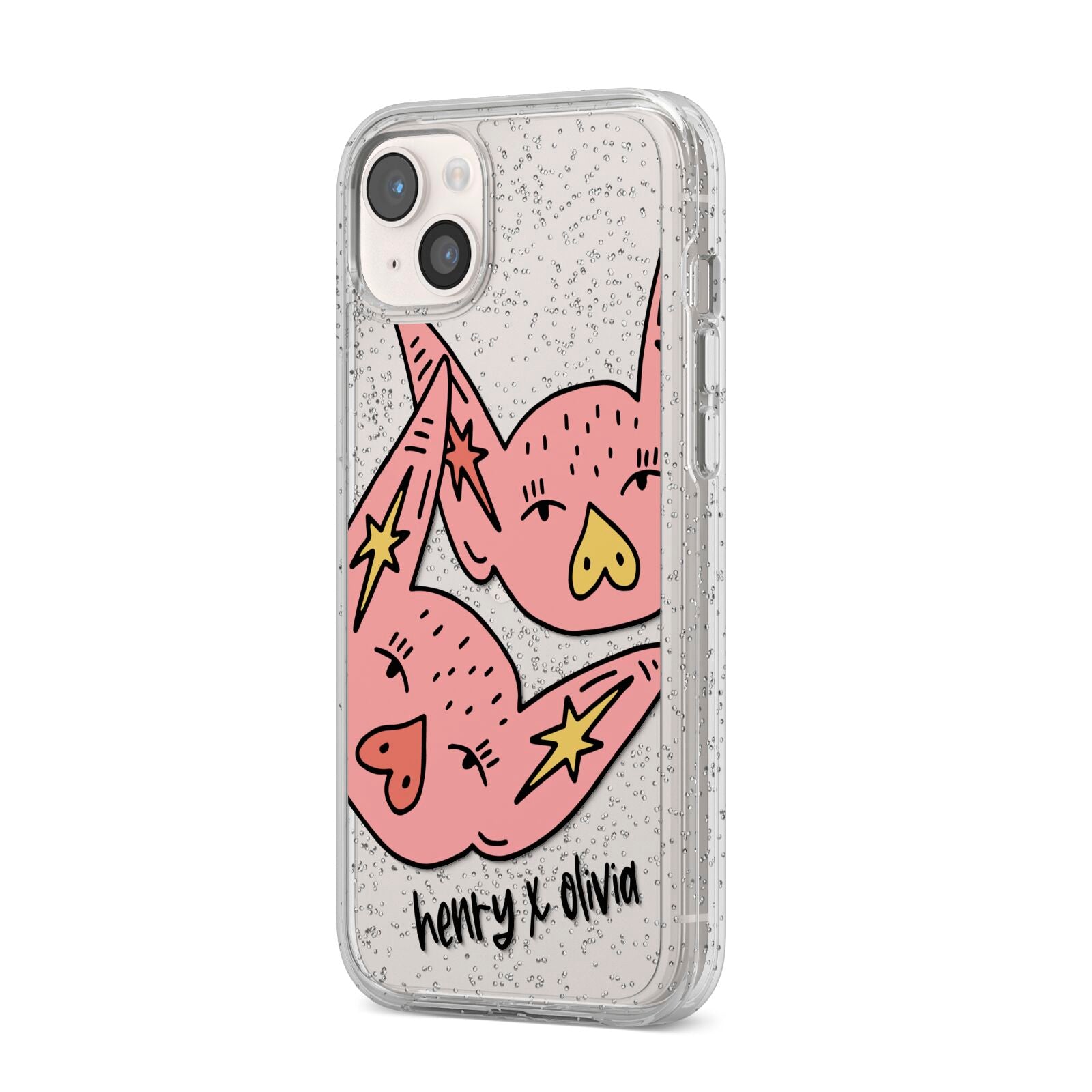 Pink Pigs Couple iPhone 14 Plus Glitter Tough Case Starlight Angled Image