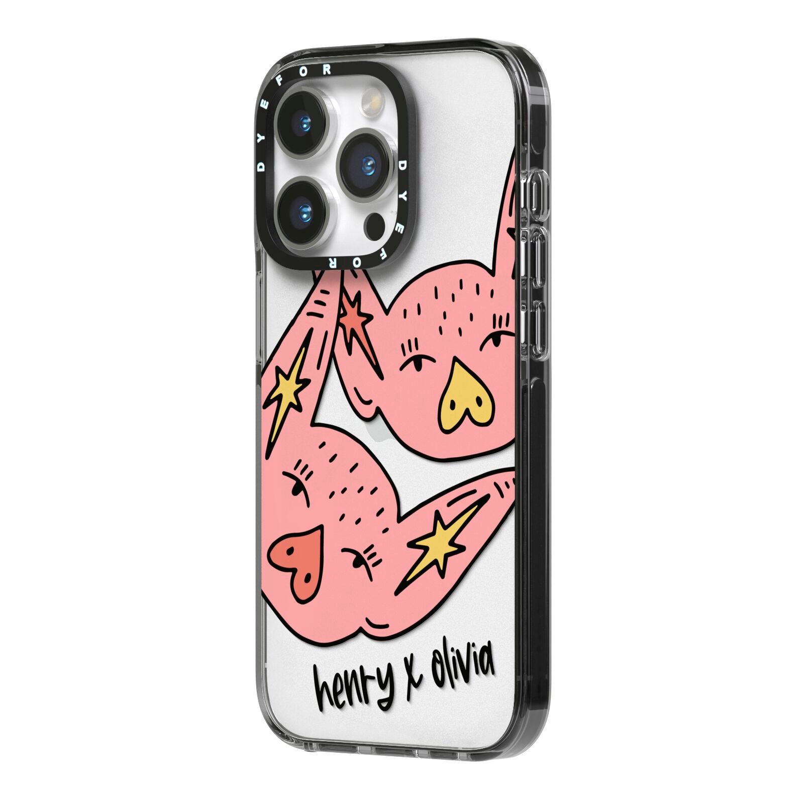 Pink Pigs Couple iPhone 14 Pro Black Impact Case Side Angle on Silver phone