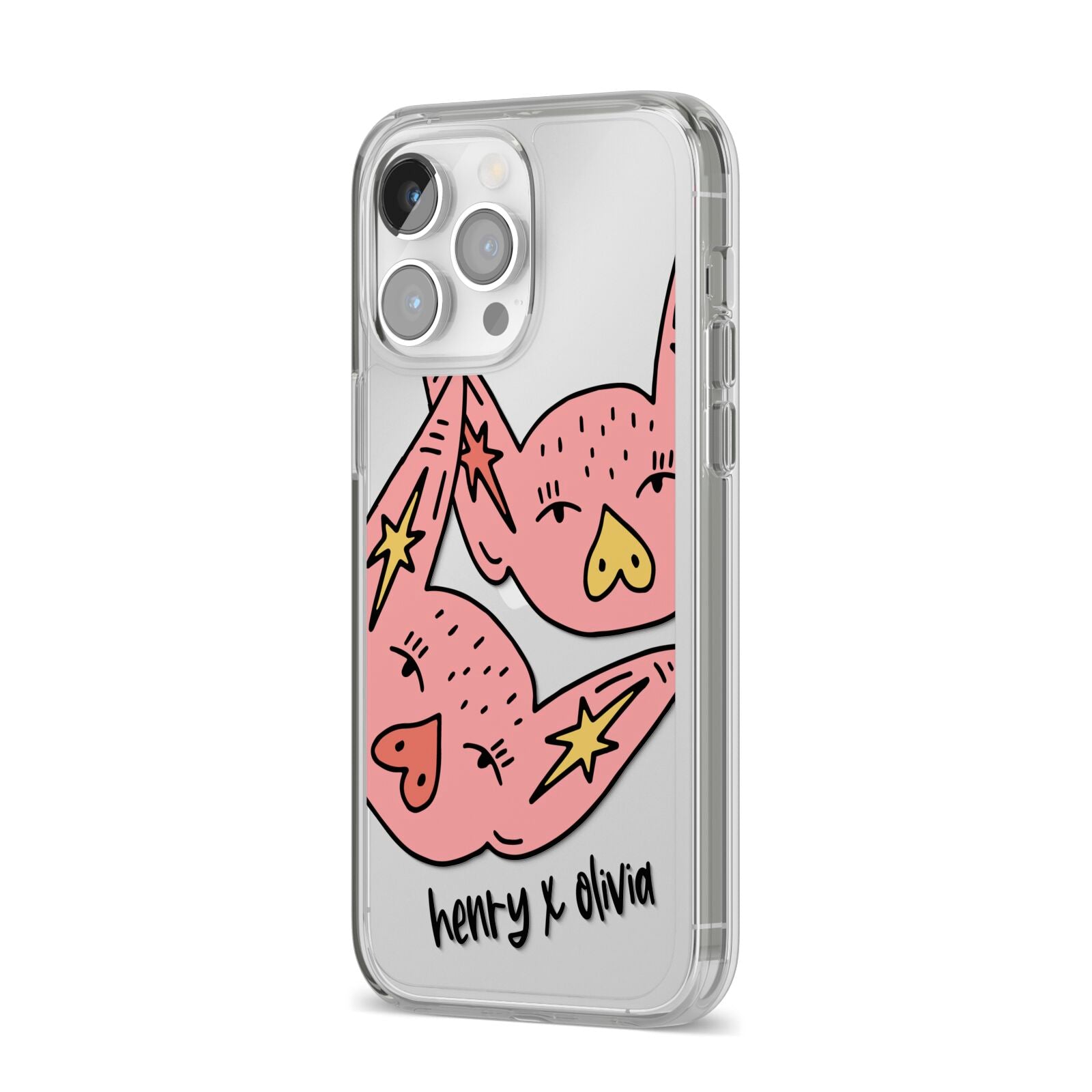 Pink Pigs Couple iPhone 14 Pro Max Clear Tough Case Silver Angled Image
