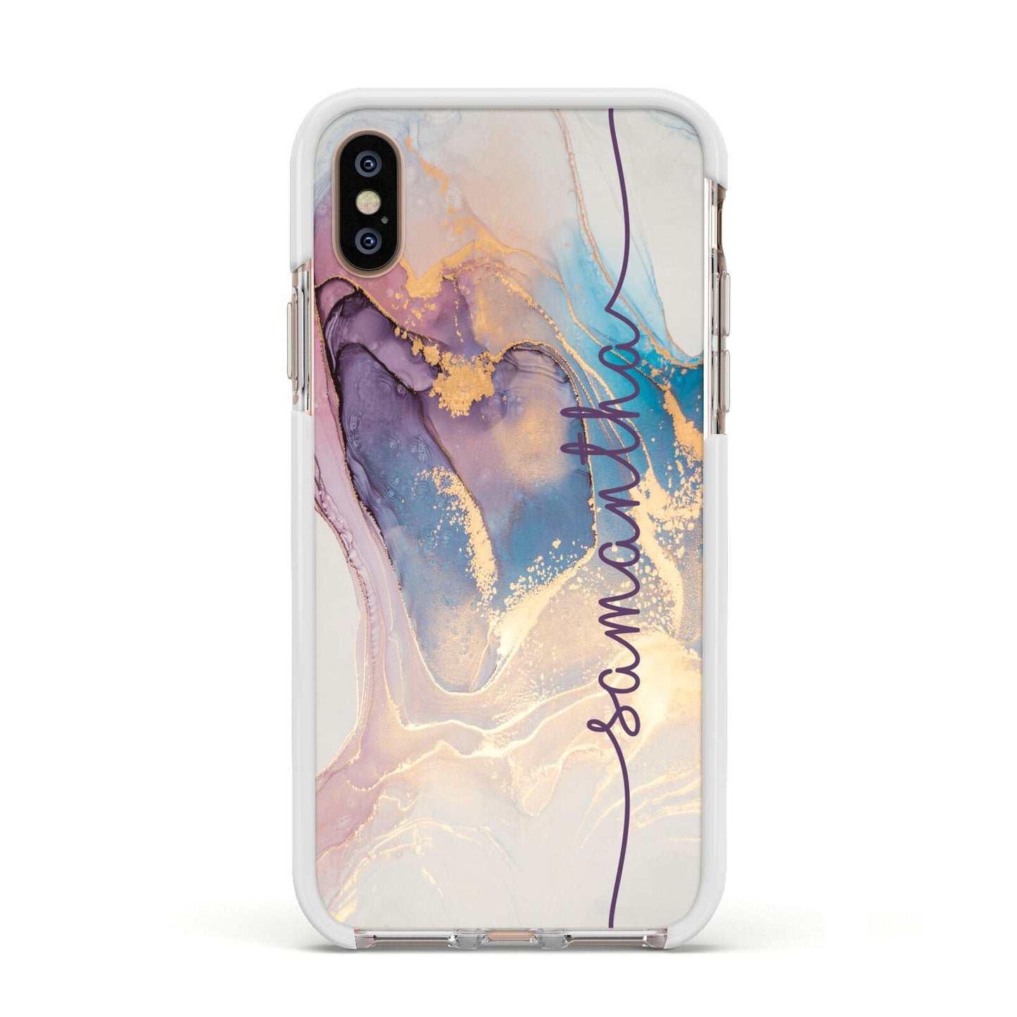 Pink and Blue Marble Apple iPhone Xs Impact Case White Edge on Gold Phone