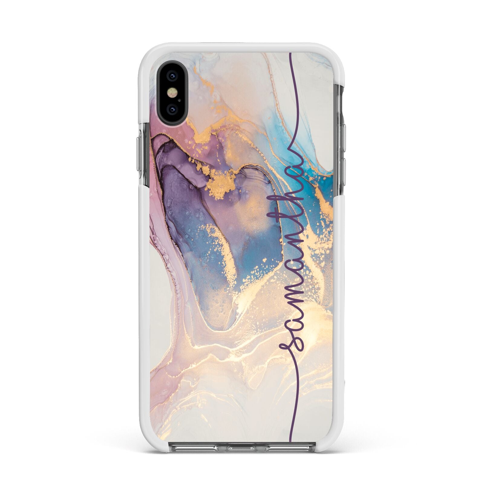 Pink and Blue Marble Apple iPhone Xs Max Impact Case White Edge on Black Phone