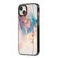 Pink and Blue Marble iPhone 14 Plus Black Impact Case Side Angle on Silver phone