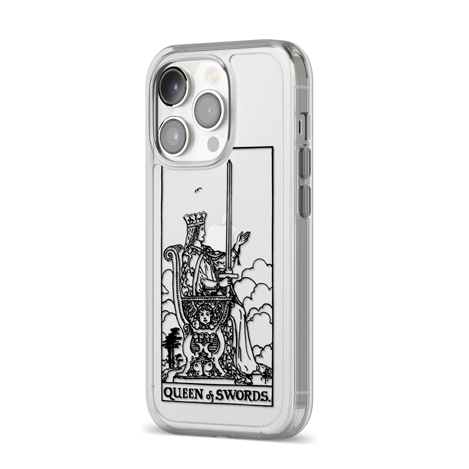 Queen of Swords Monochrome iPhone 14 Pro Clear Tough Case Silver Angled Image