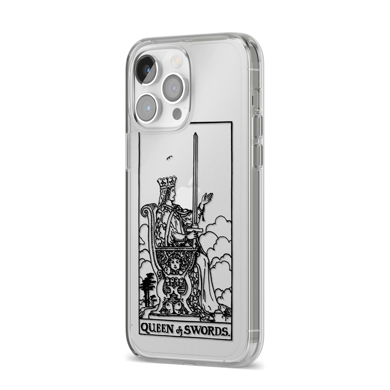 Queen of Swords Monochrome iPhone 14 Pro Max Clear Tough Case Silver Angled Image