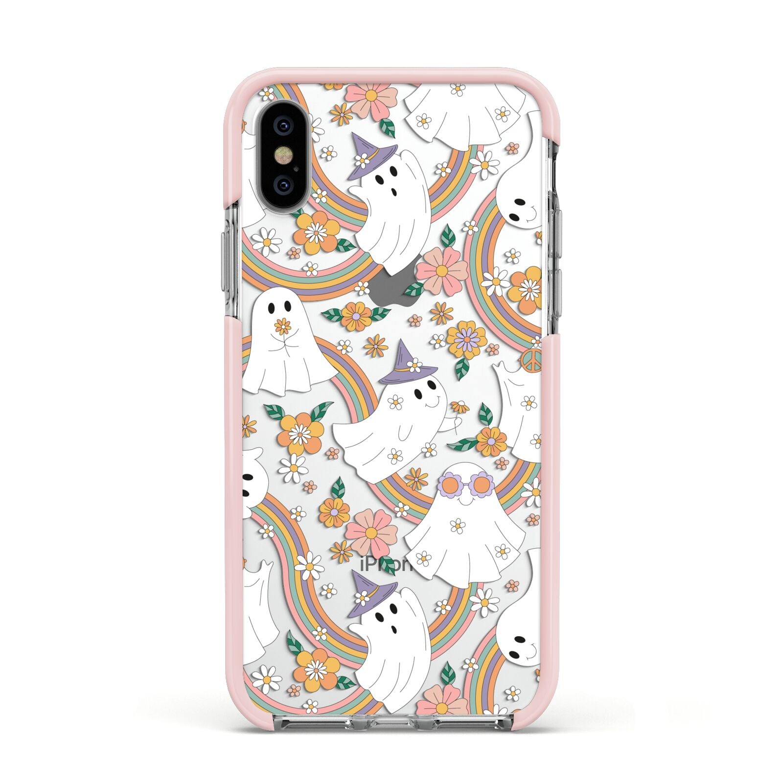 Rainbow Ghost Apple iPhone Xs Impact Case Pink Edge on Silver Phone