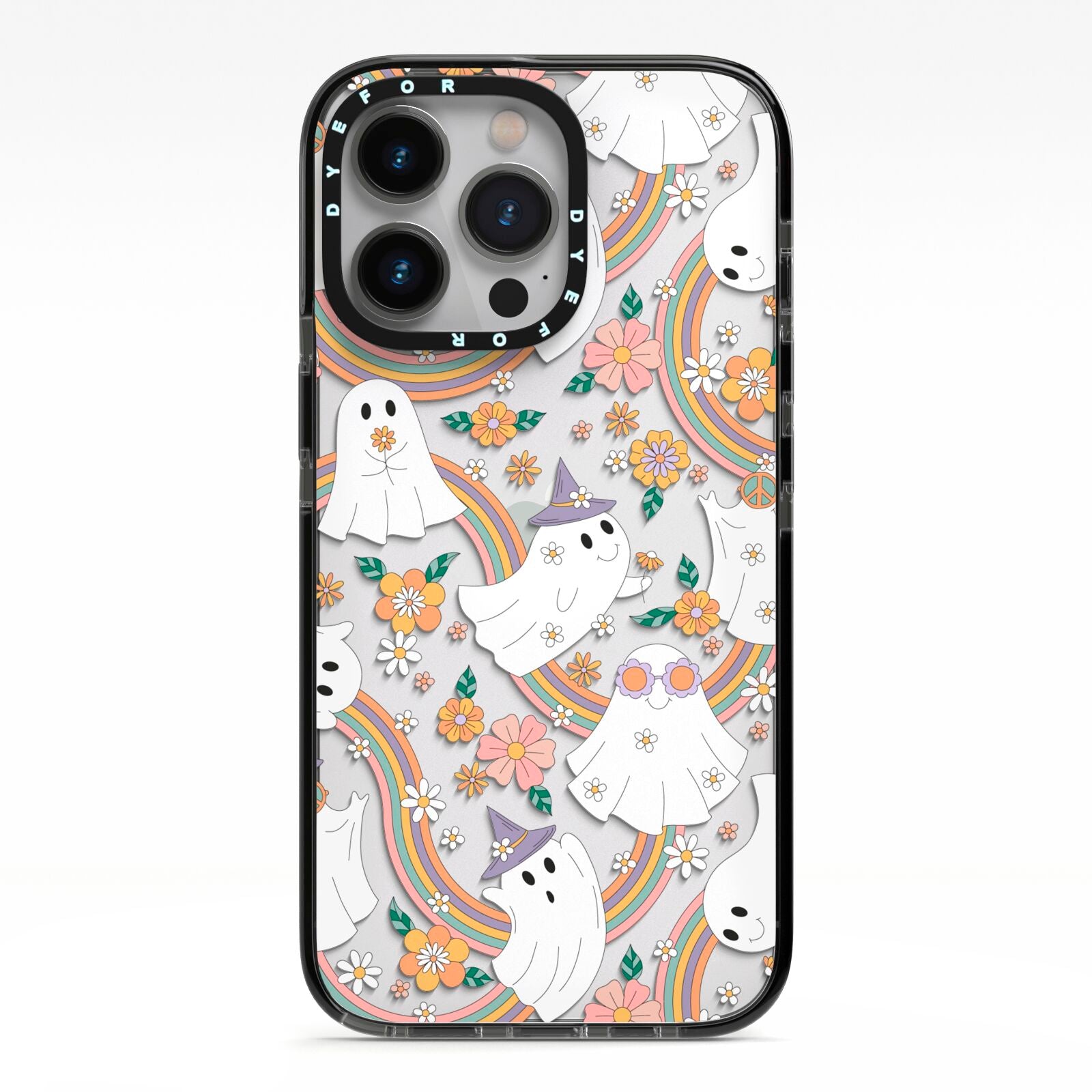 Rainbow Ghost iPhone 13 Pro Black Impact Case on Silver phone