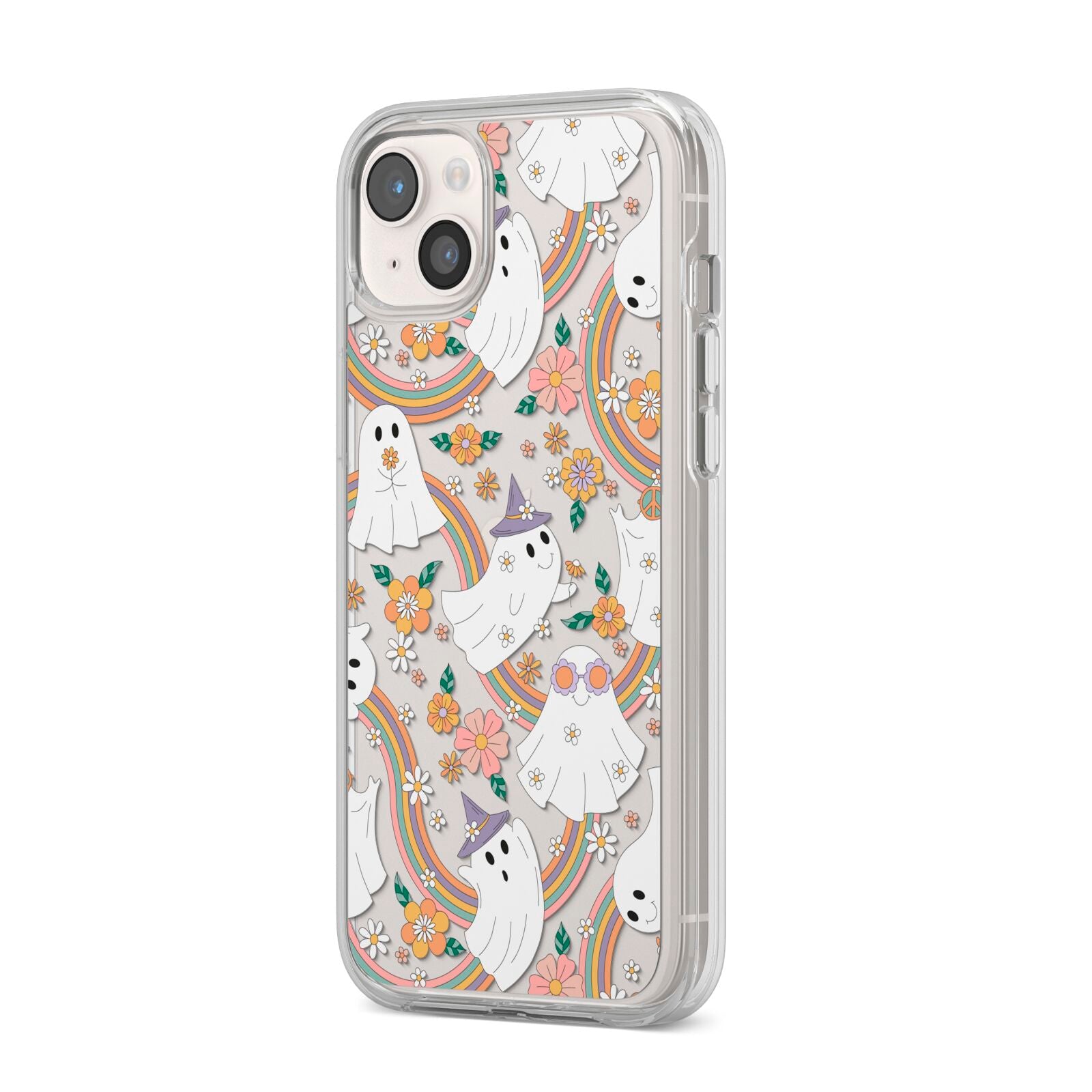 Rainbow Ghost iPhone 14 Plus Clear Tough Case Starlight Angled Image
