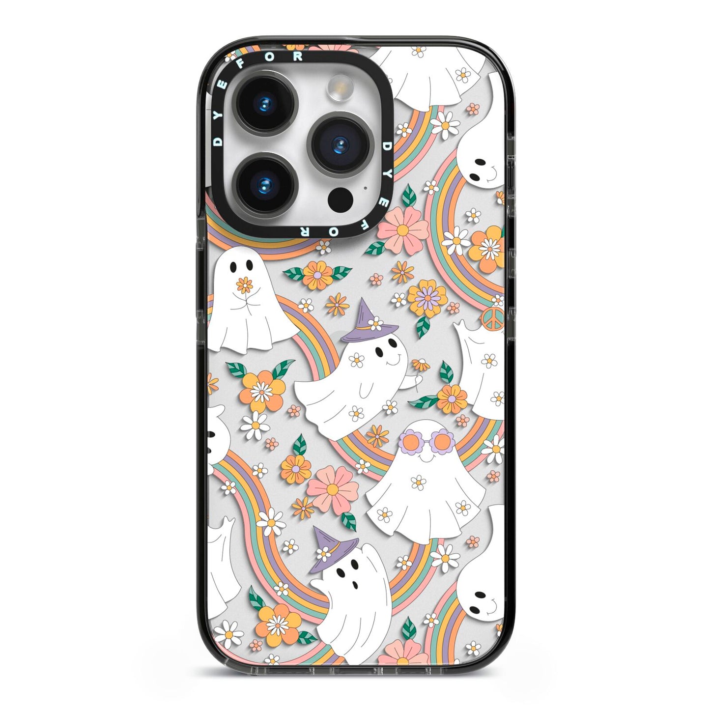 Rainbow Ghost iPhone 14 Pro Black Impact Case on Silver phone