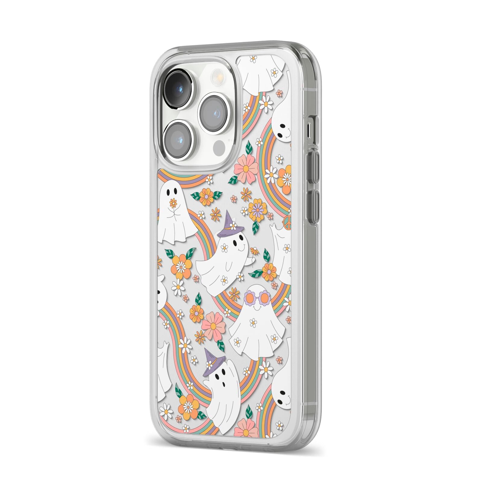 Rainbow Ghost iPhone 14 Pro Clear Tough Case Silver Angled Image