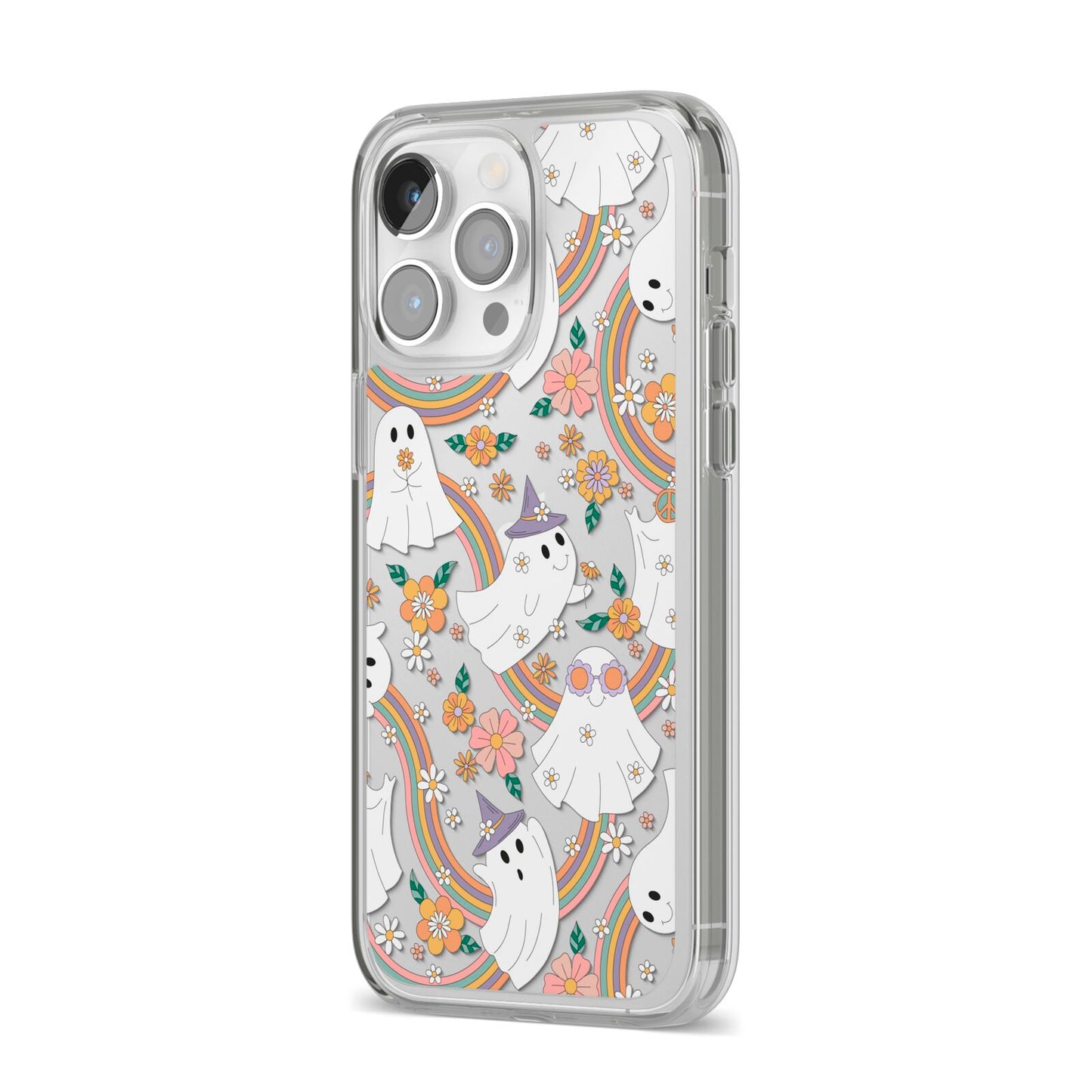 Rainbow Ghost iPhone 14 Pro Max Clear Tough Case Silver Angled Image