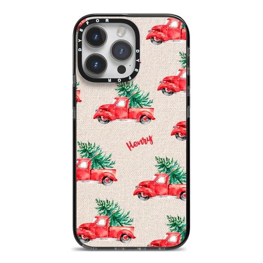 Red Christmas Truck Personalised iPhone 14 Pro Max Black Impact Case on Silver phone
