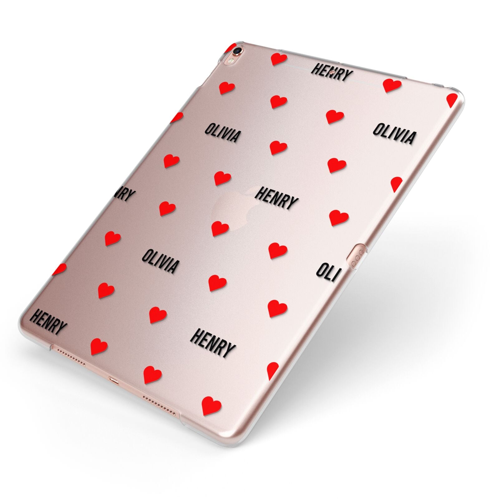 Red Hearts with Couple s Names Apple iPad Case on Rose Gold iPad Side View