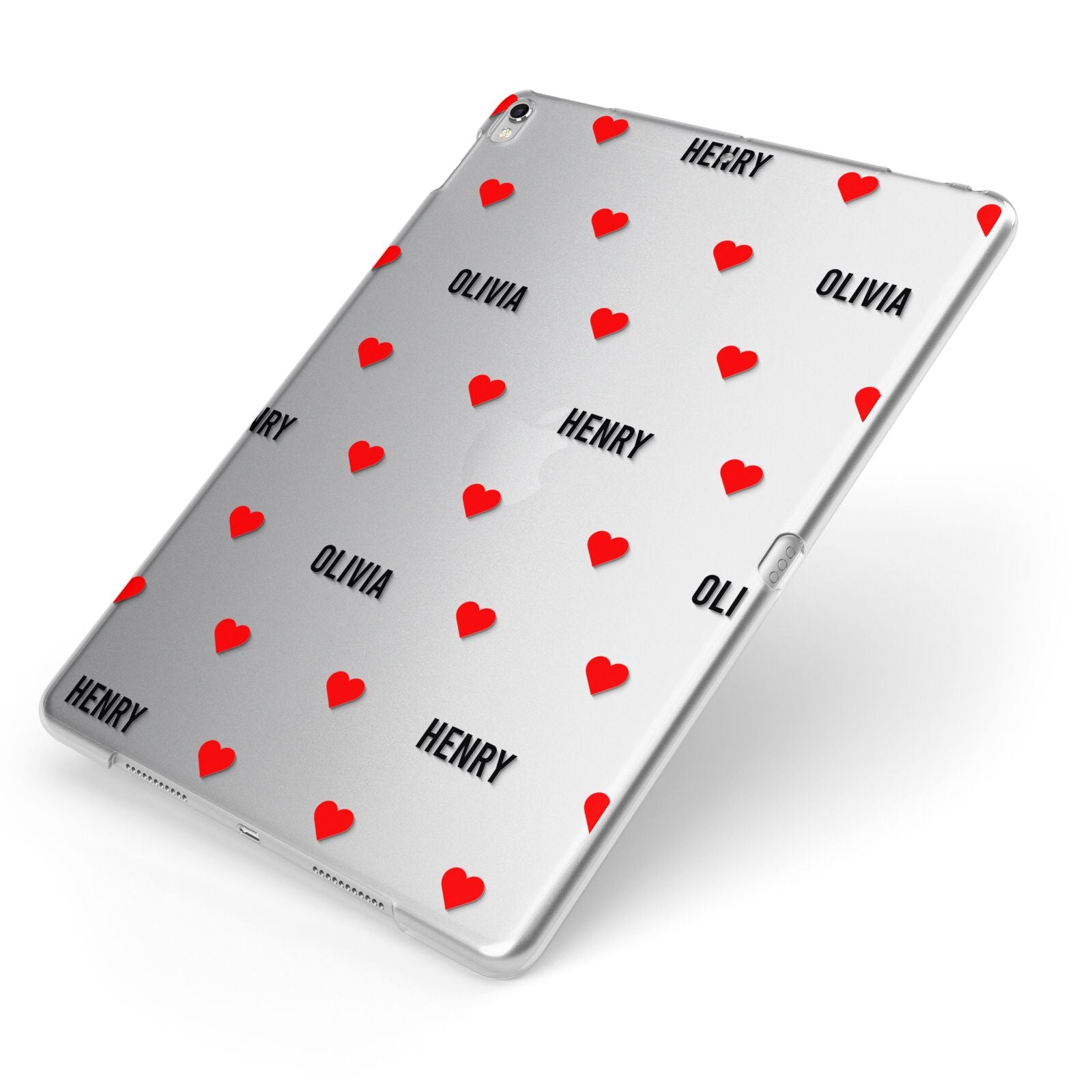 Red Hearts with Couple s Names Apple iPad Case on Silver iPad Side View