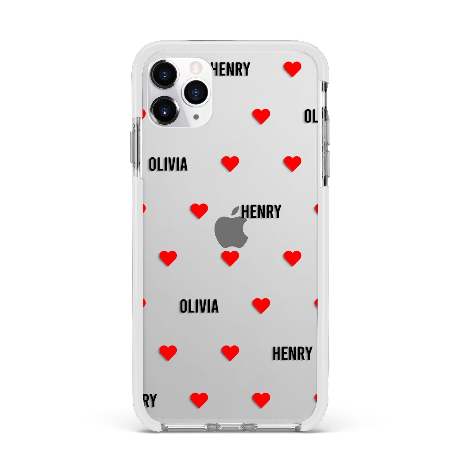 Red Hearts with Couple s Names Apple iPhone 11 Pro Max in Silver with White Impact Case