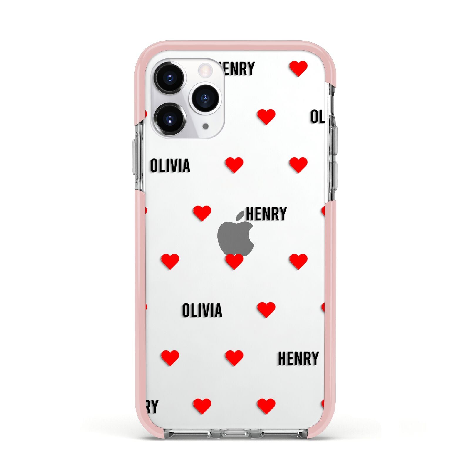 Red Hearts with Couple s Names Apple iPhone 11 Pro in Silver with Pink Impact Case