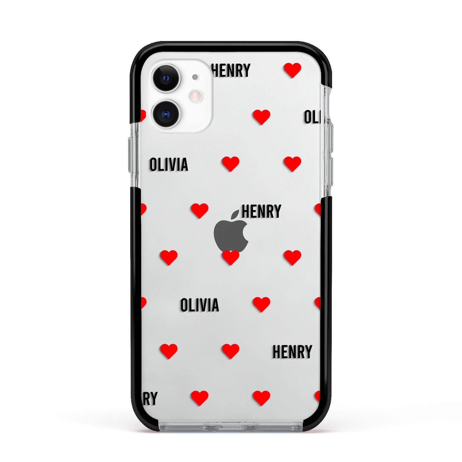 Red Hearts with Couple s Names Apple iPhone 11 in White with Black Impact Case