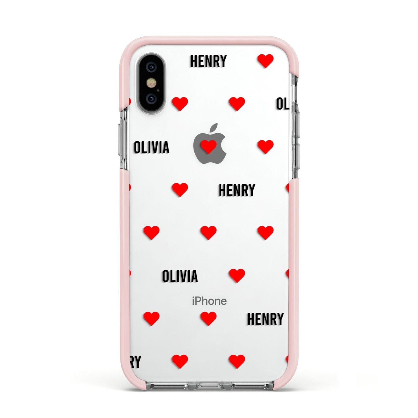 Red Hearts with Couple s Names Apple iPhone Xs Impact Case Pink Edge on Silver Phone