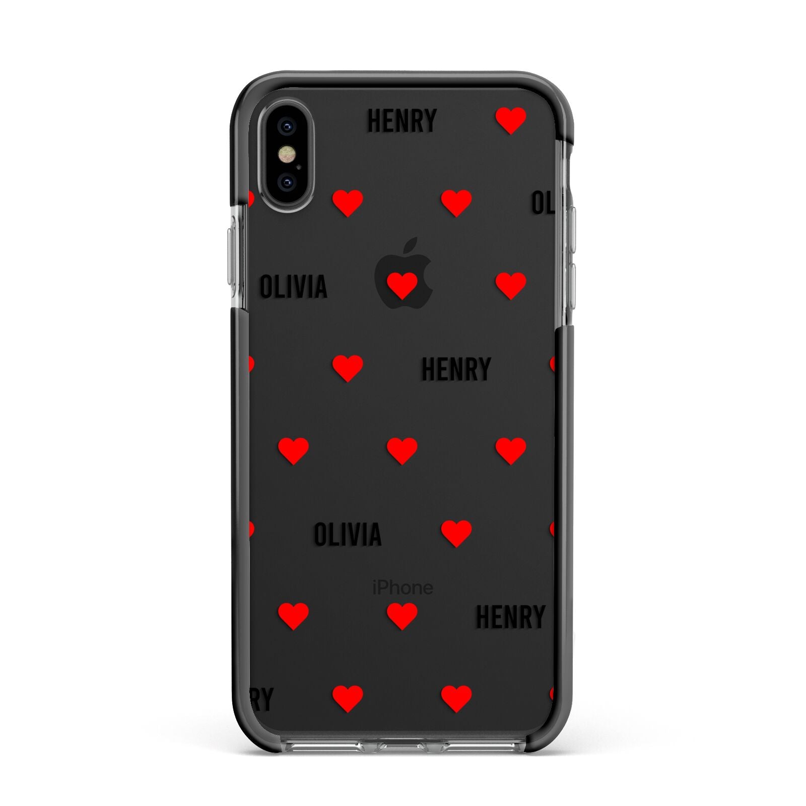 Red Hearts with Couple s Names Apple iPhone Xs Max Impact Case Black Edge on Black Phone
