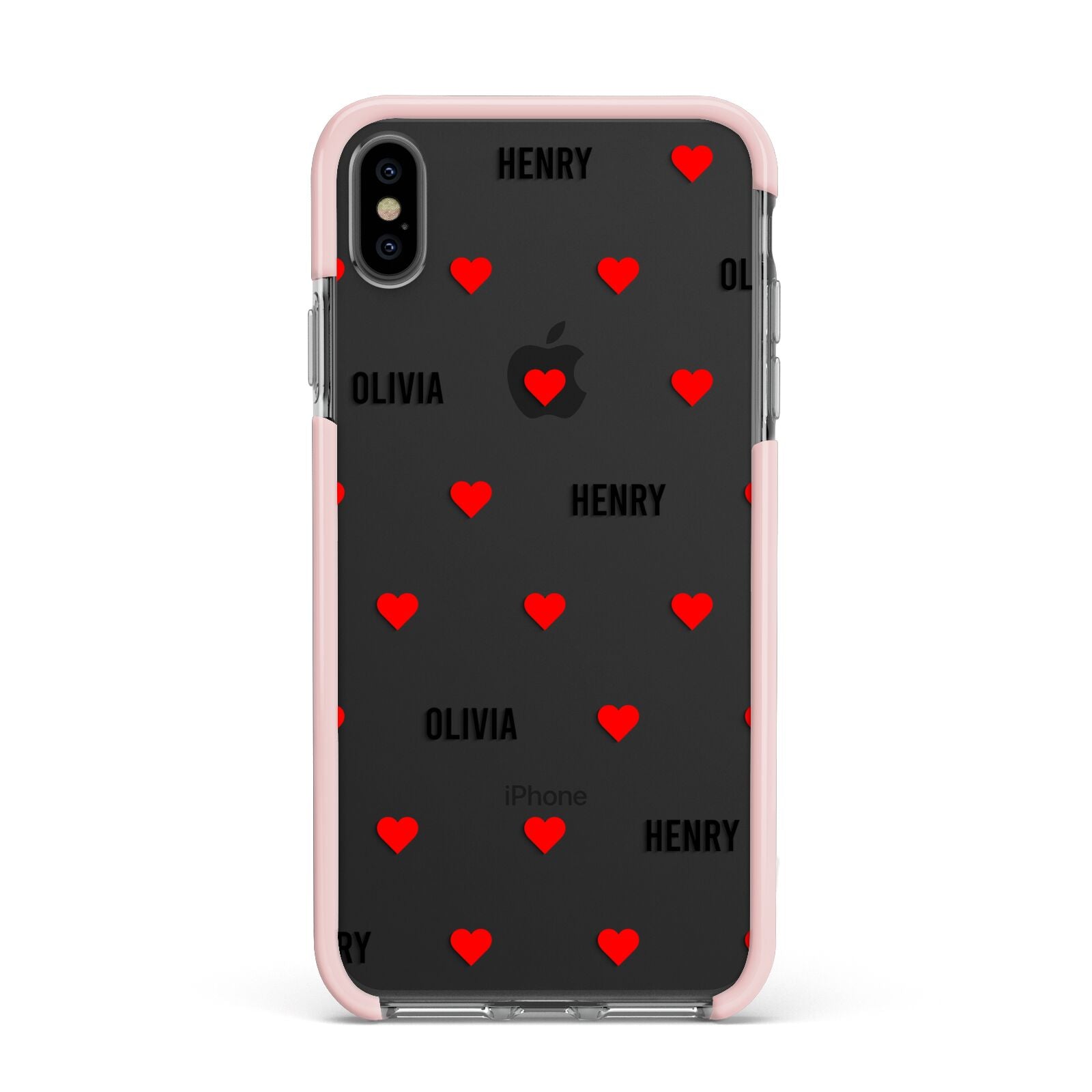 Red Hearts with Couple s Names Apple iPhone Xs Max Impact Case Pink Edge on Black Phone
