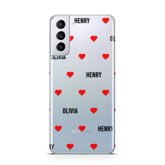 Red Hearts with Couple s Names Samsung S21 Plus Phone Case