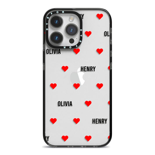 Red Hearts with Couple s Names iPhone 14 Pro Max Black Impact Case on Silver phone