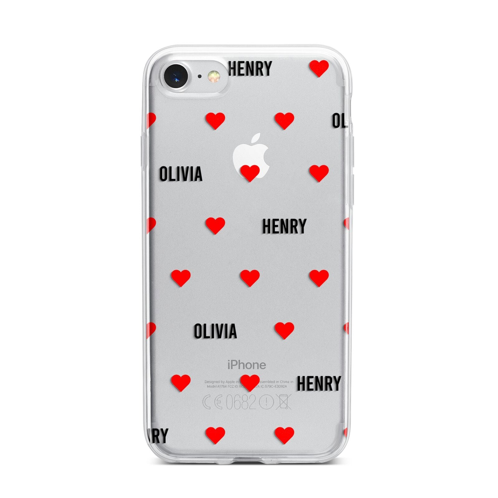Red Hearts with Couple s Names iPhone 7 Bumper Case on Silver iPhone