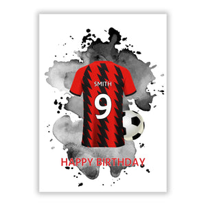 Red and Black Stripes Personalised Football Shirt Greetings Card