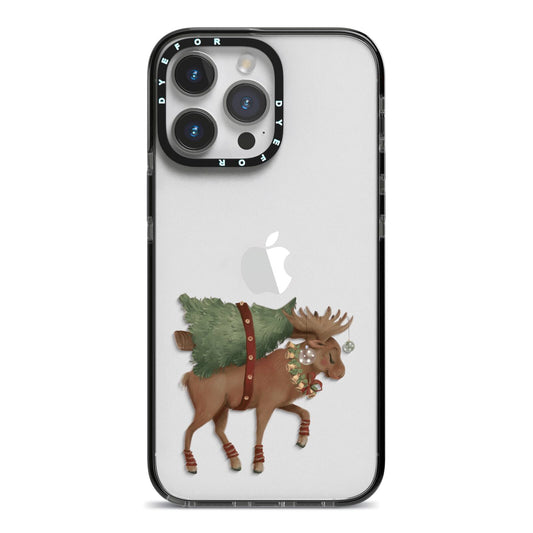 Reindeer Christmas Tree iPhone 14 Pro Max Black Impact Case on Silver phone