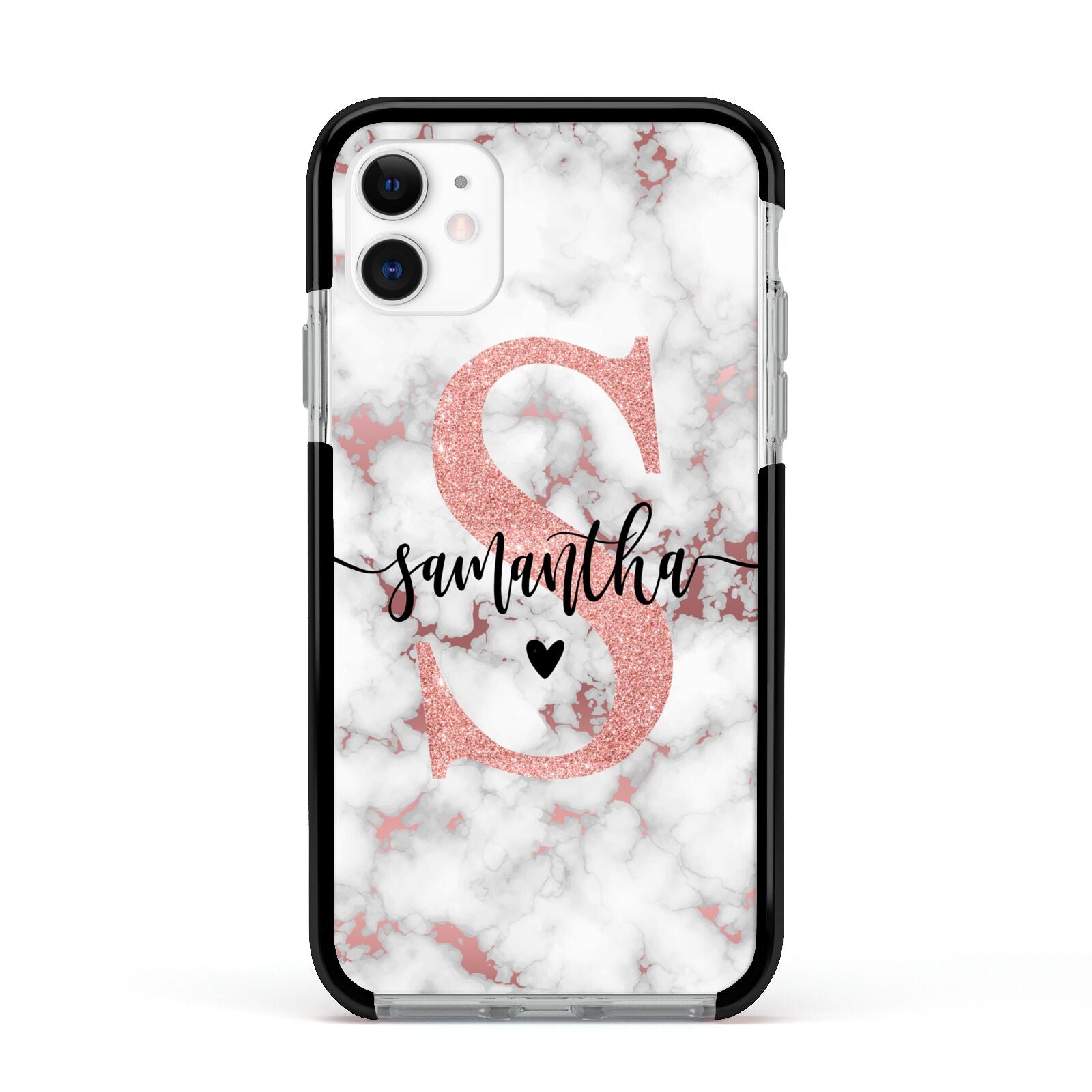 Rose Gold Personalised Marble Glitter Initial Name Apple iPhone 11 in White with Black Impact Case