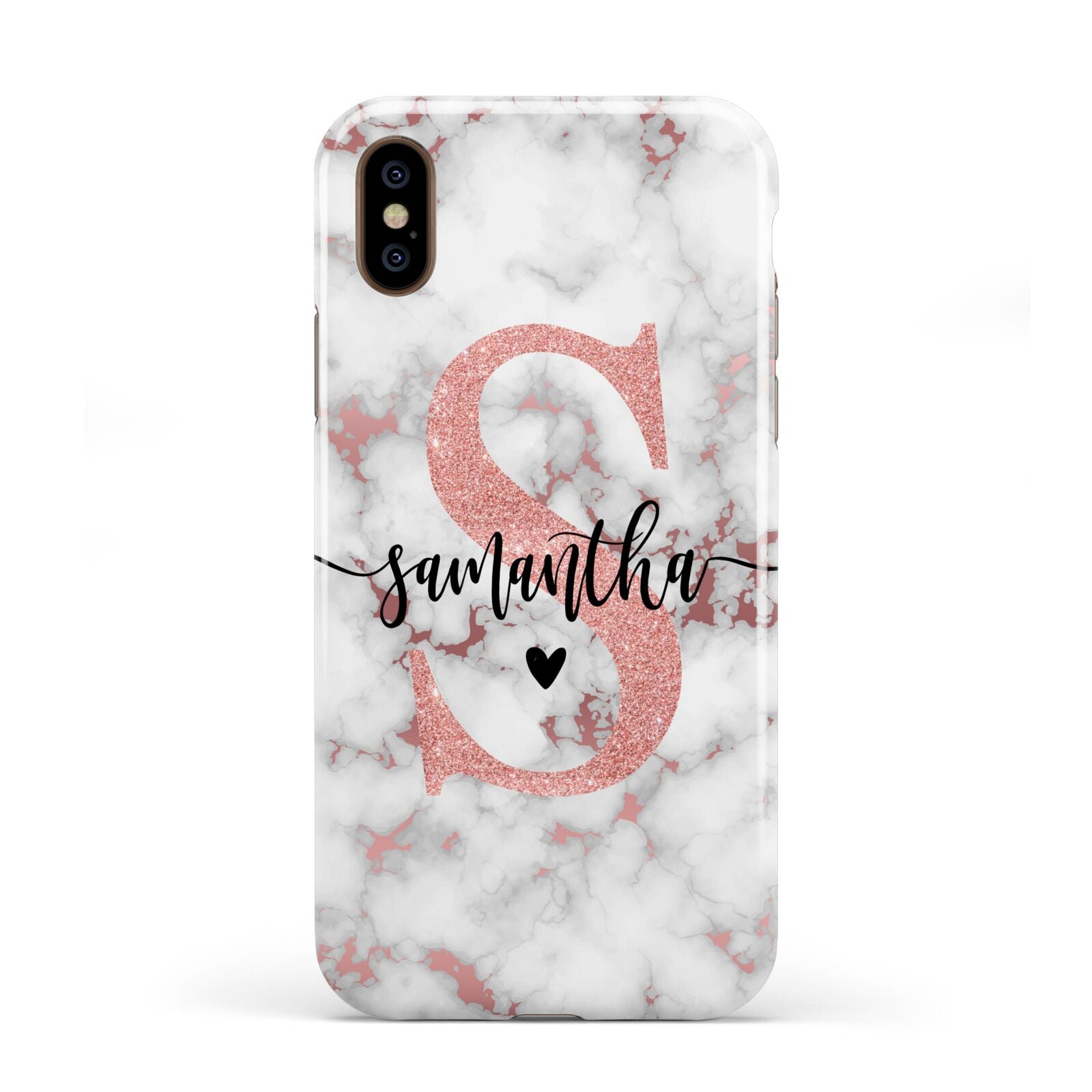 Rose Gold Personalised Marble Glitter Initial Name Apple iPhone XS 3D Tough