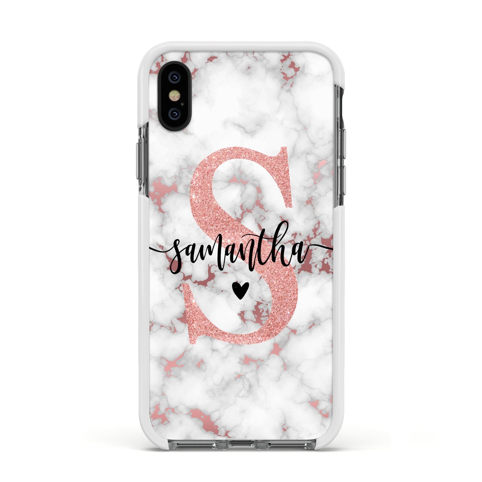 Rose Gold Personalised Marble Glitter Initial Name Apple iPhone Xs Impact Case White Edge on Black Phone