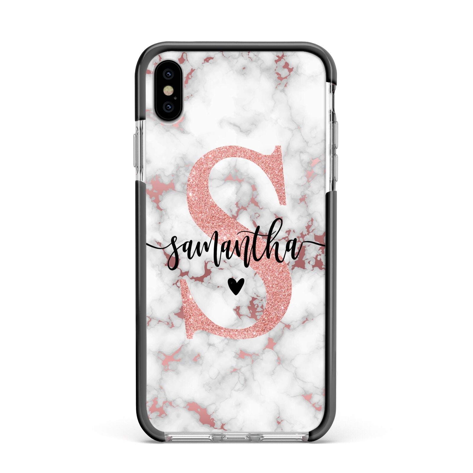 Rose Gold Personalised Marble Glitter Initial Name Apple iPhone Xs Max Impact Case Black Edge on Silver Phone