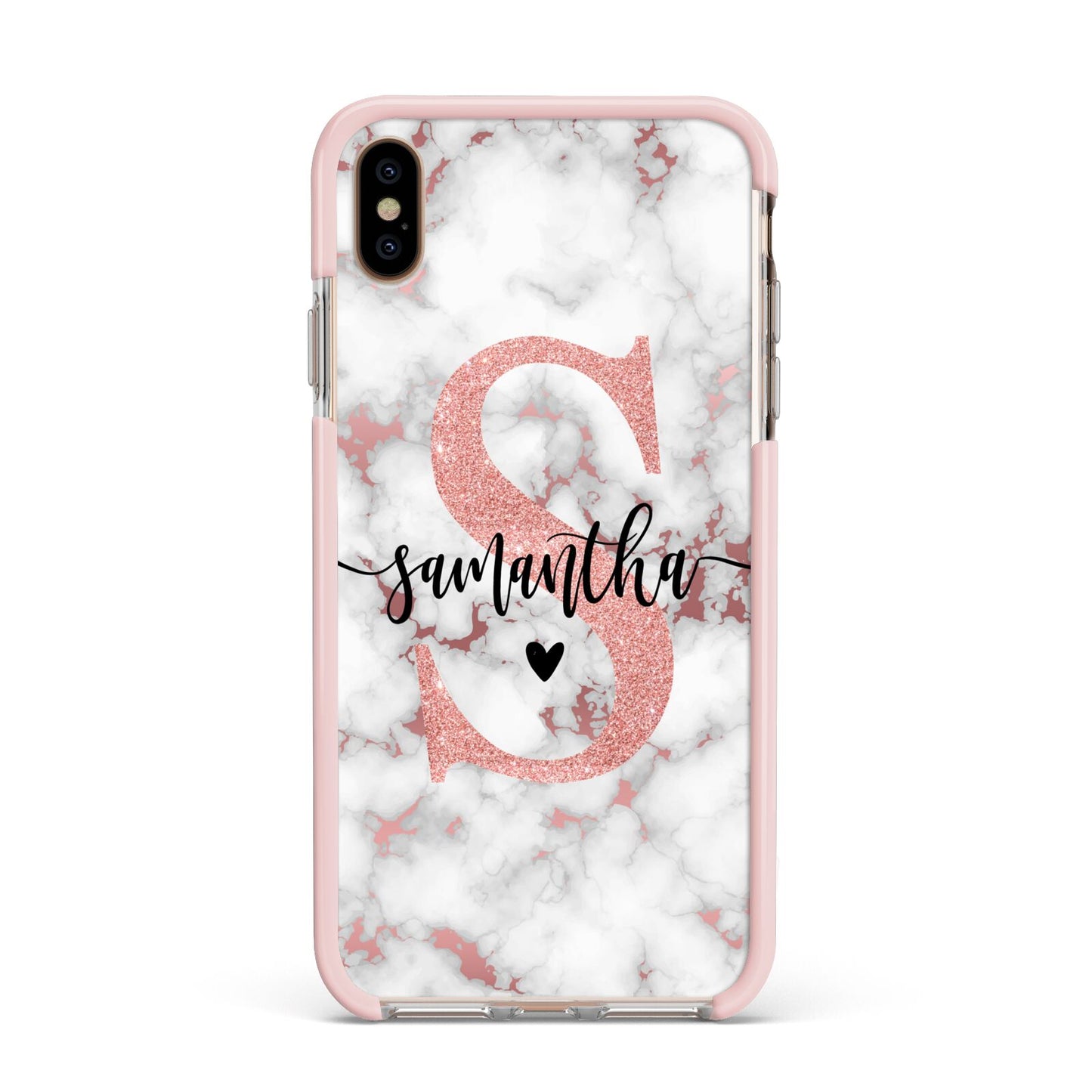 Rose Gold Personalised Marble Glitter Initial Name Apple iPhone Xs Max Impact Case Pink Edge on Gold Phone