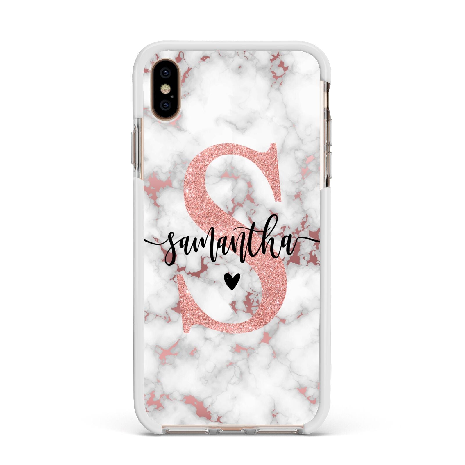 Rose Gold Personalised Marble Glitter Initial Name Apple iPhone Xs Max Impact Case White Edge on Gold Phone