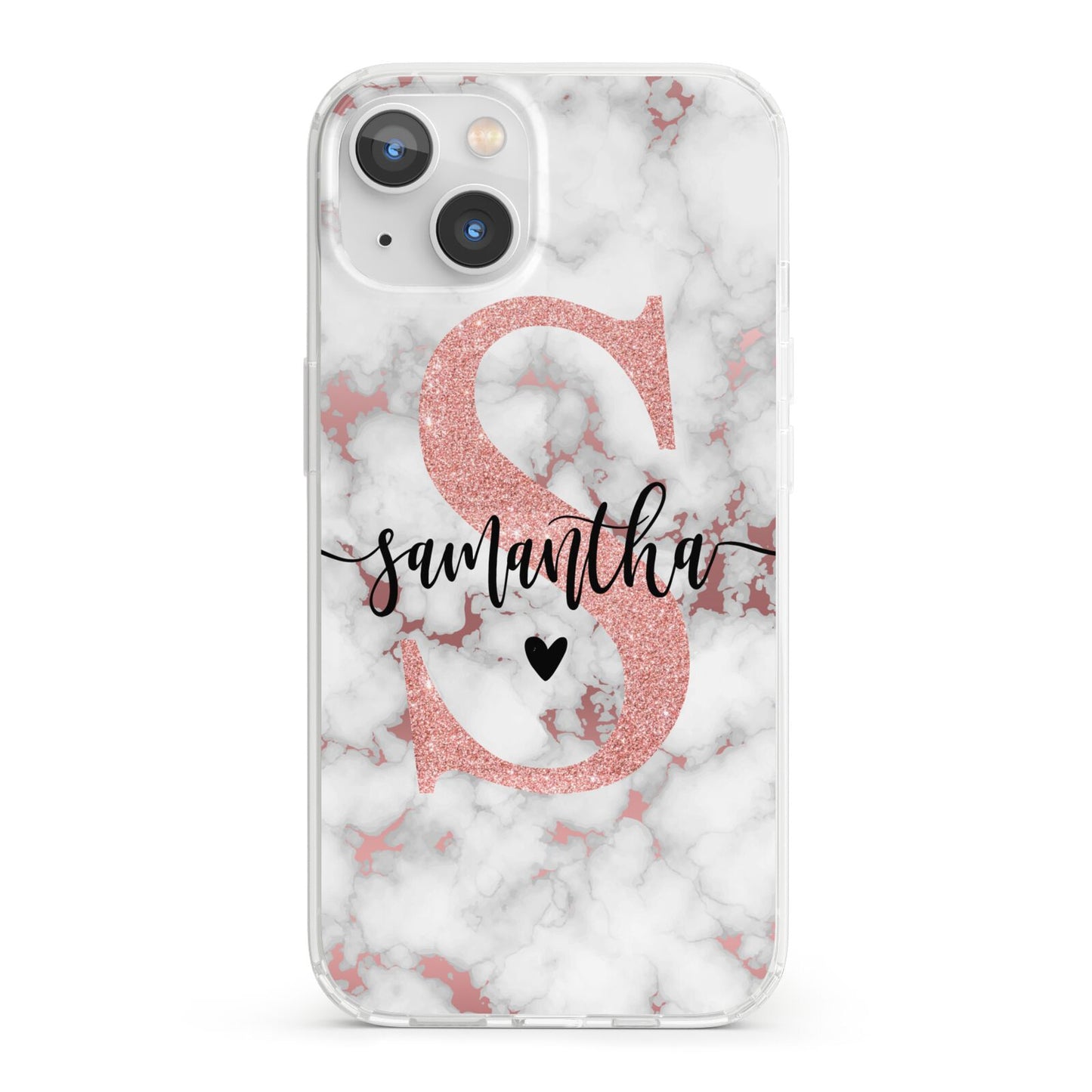 Rose Gold Personalised Marble Glitter Initial Name iPhone 13 Clear Bumper Case