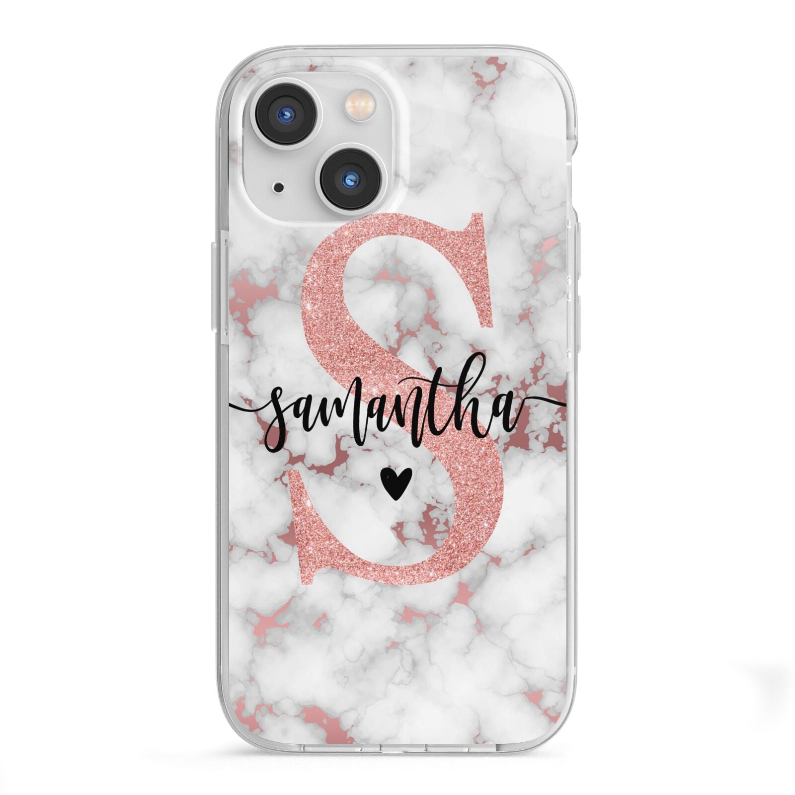 Rose Gold Personalised Marble Glitter Initial Name iPhone 13 Mini TPU Impact Case with White Edges