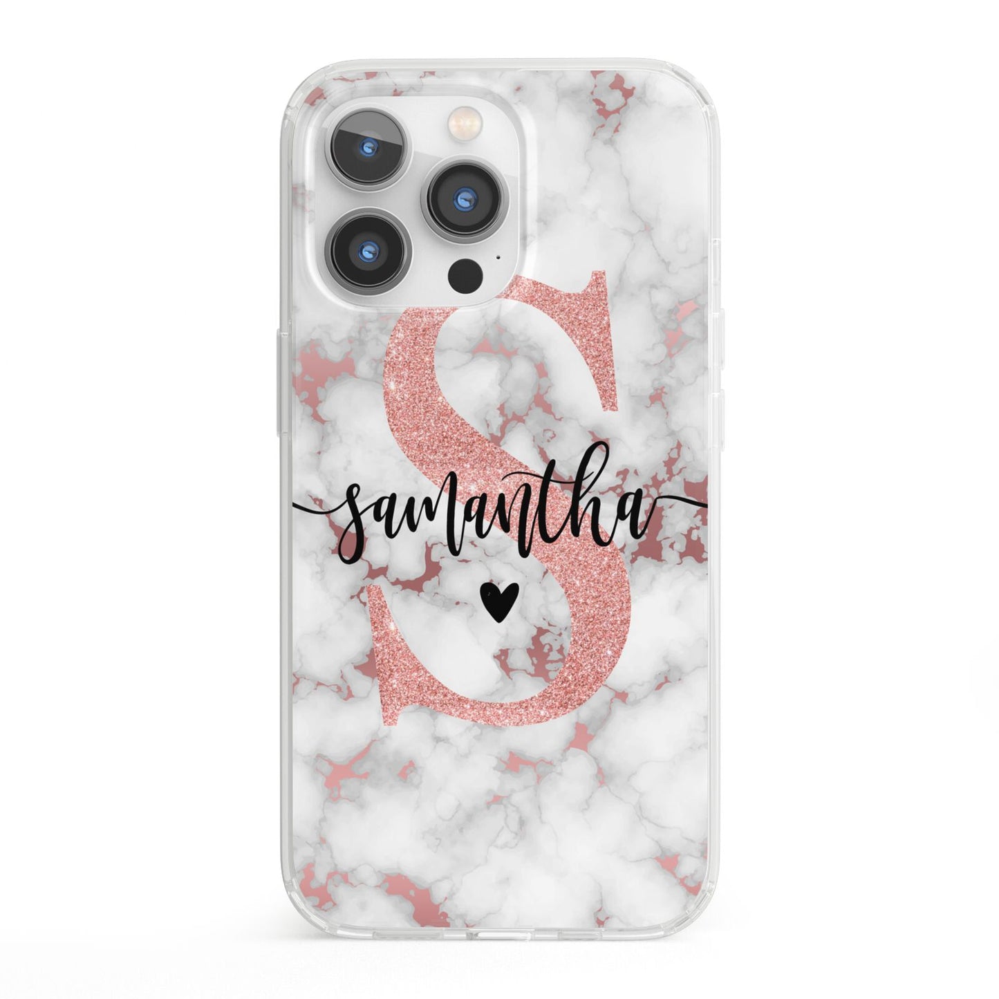 Rose Gold Personalised Marble Glitter Initial Name iPhone 13 Pro Clear Bumper Case