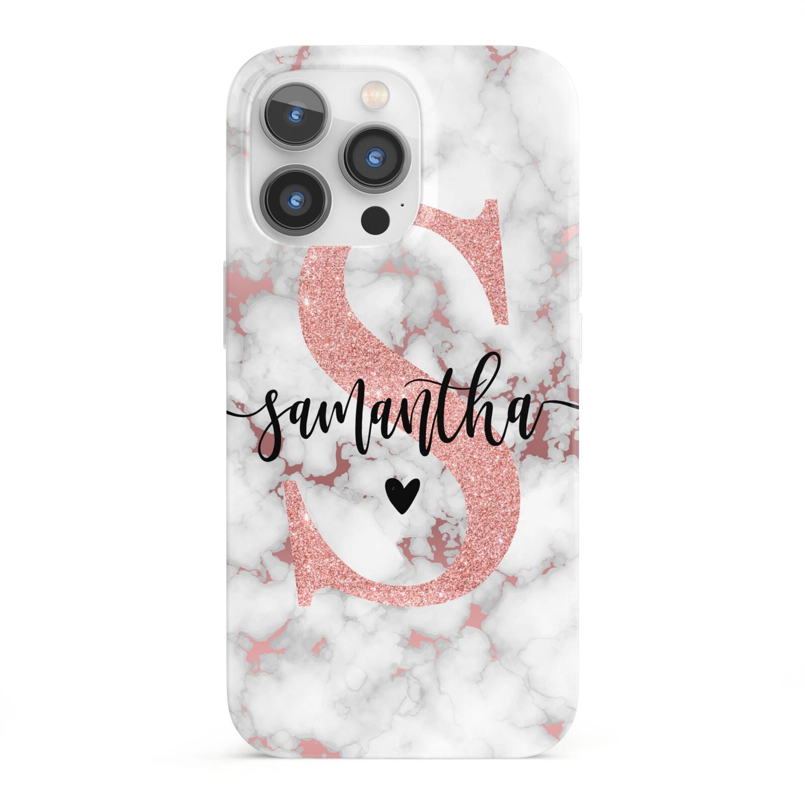 Rose Gold Personalised Marble Glitter Initial Name iPhone 13 Pro Full Wrap 3D Snap Case